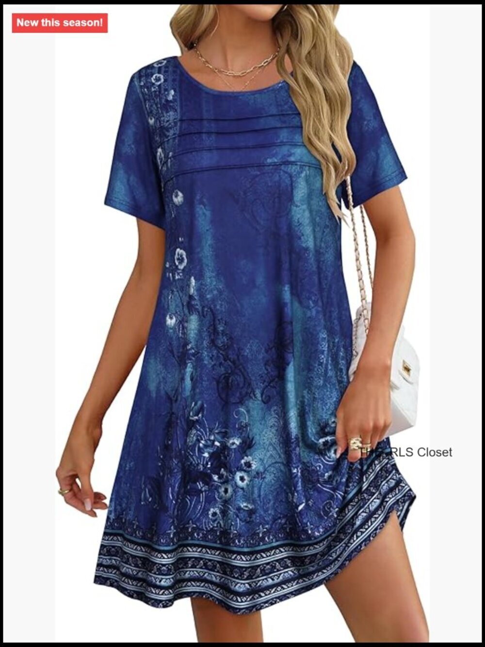 Casual Loose Summer Short Sleeve Pleated Front Crew Neck T Shirt Dress with
